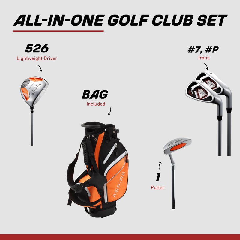 Aspire Junior Plus Kids Golf Clubs â€“ Boysâ€™ & Girlsâ€™ Right-Handed Golf Set with Lightweight Stand Bag, Graphite Shafts & Aircraft-Grade Aluminum Clubs - Orange Ages 5-6 - Image 2